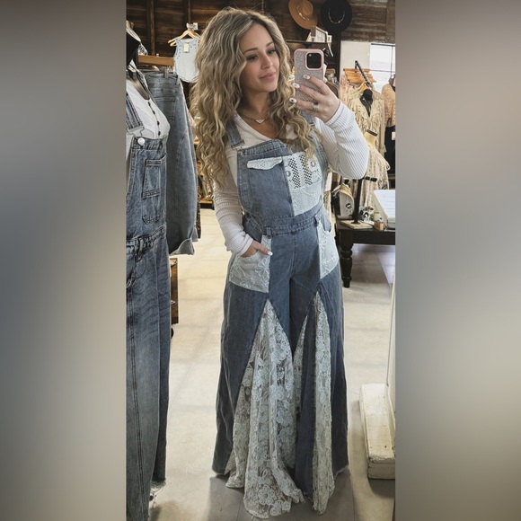 Denim - NWT Ultra Wide Leg Flare Lace Panel Patchwork Denim Jean Overalls Jumpsuit